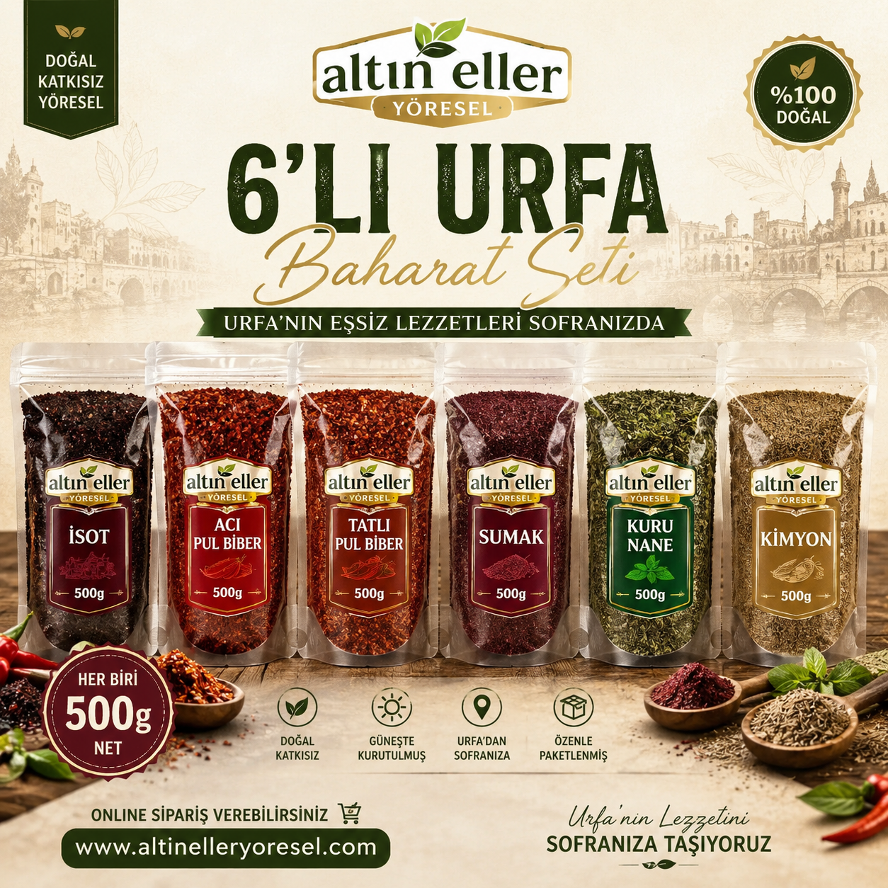 Altıneller 6'lı Urfa Baharat Seti – 6 ayrı 500 g paket içinde İsot, Acı Pul Biber, Tatlı Pul Biber, Sumak, Kuru Nane ve Kimyon